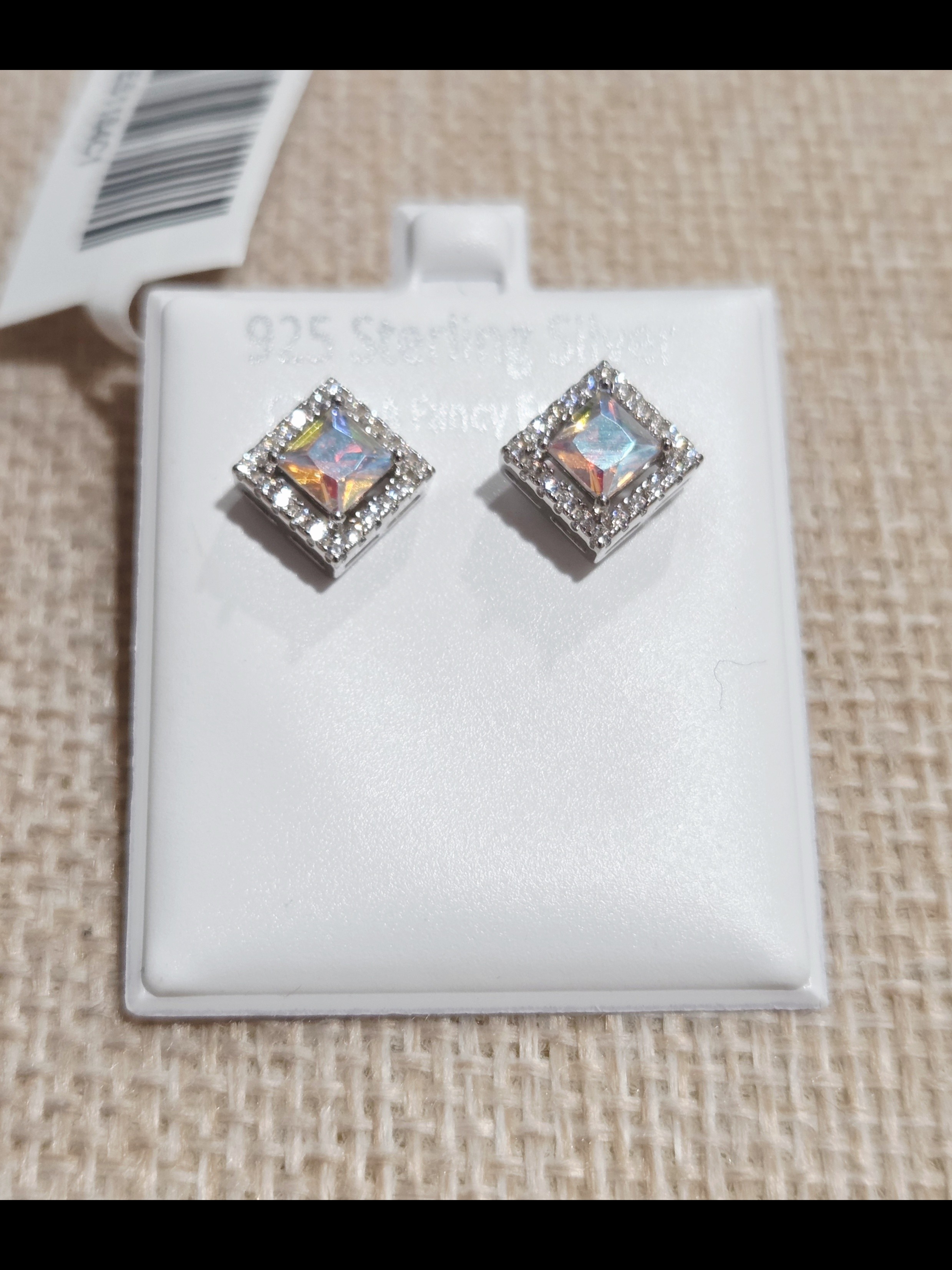 Sterling Silver Iridescent Square Halo Stud Earrings